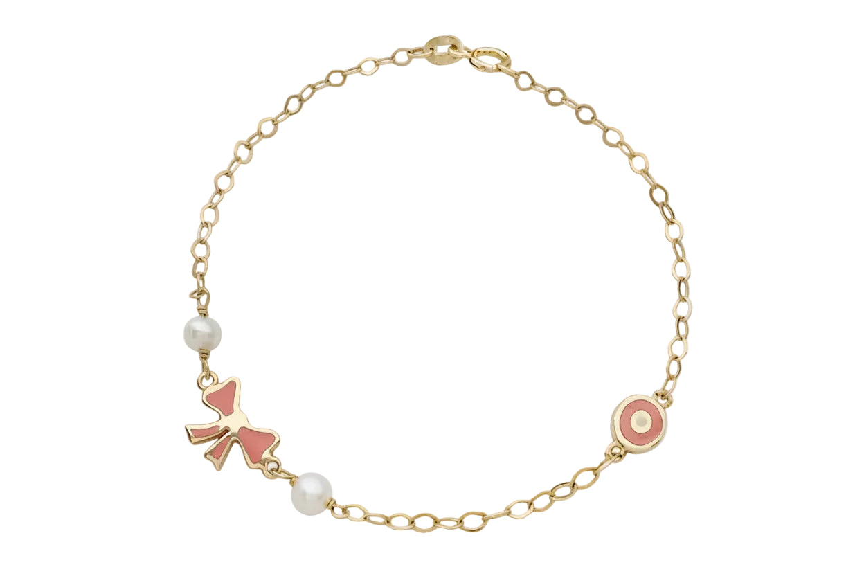 Gold Bracelet with Bow Evil Eye in Pink Enamel and Pearls, 14K Gold