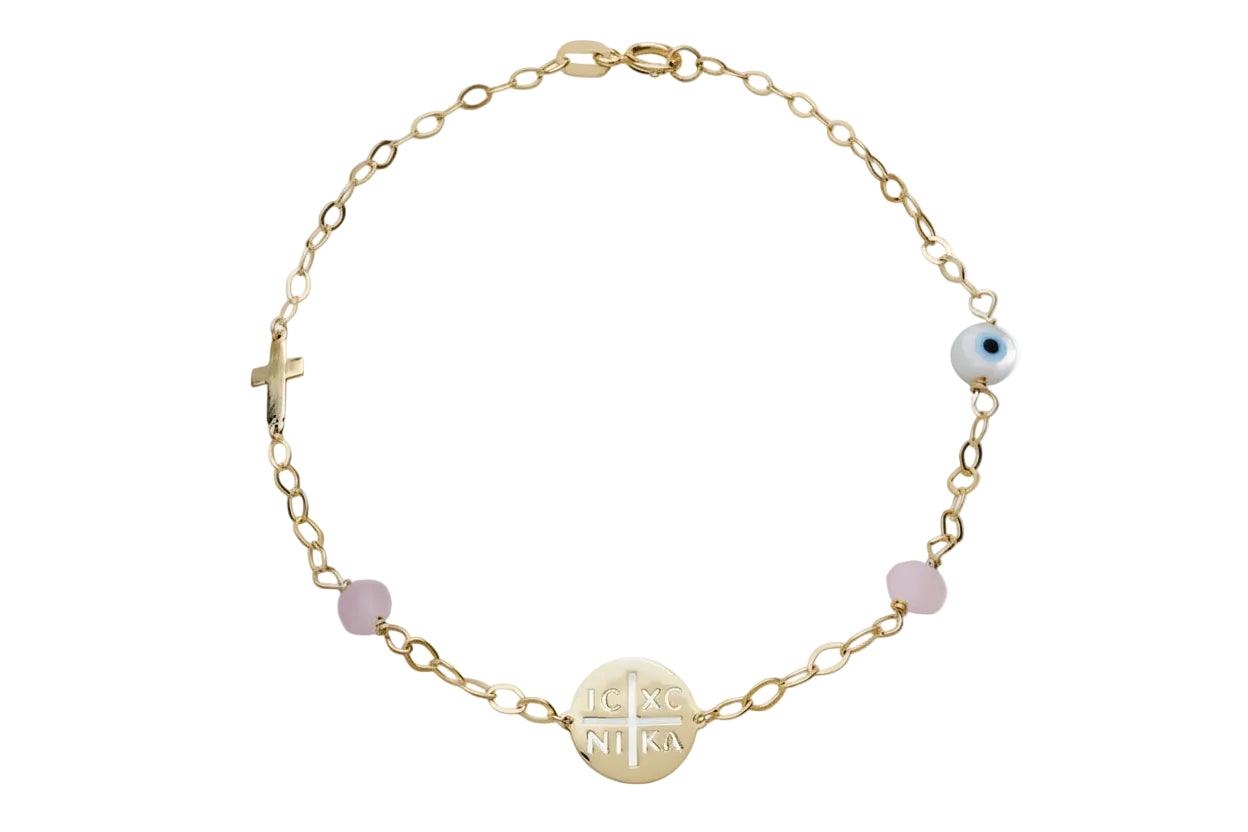 Gold Bracelet with IC XC NIKA Cross, Polished Finish, and Mother-of-Pearl Evil Eye with Pink Stones