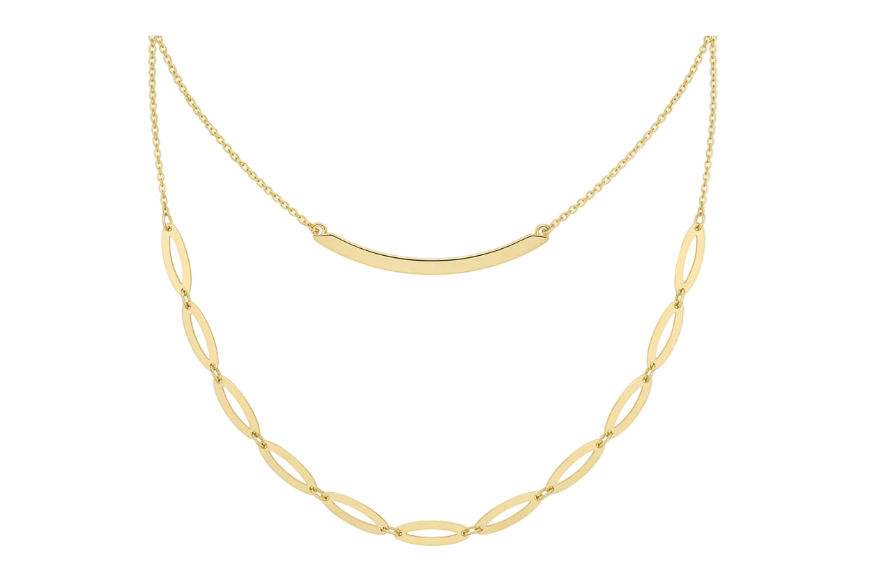 14K Gold Oval Bar Necklace with Double Chain
