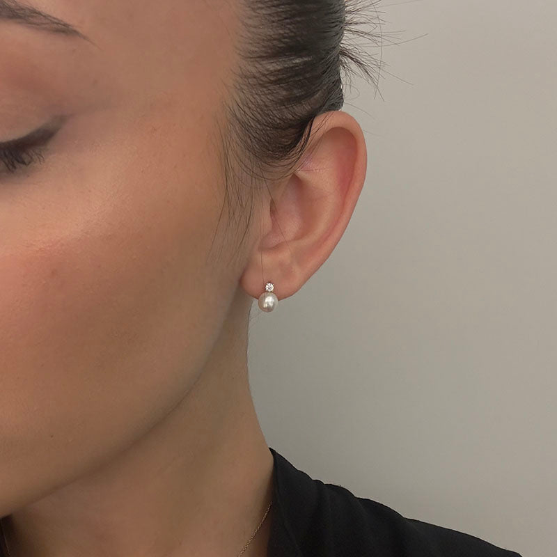 Gold Pearl Earrings with Single Stone, 14K Gold