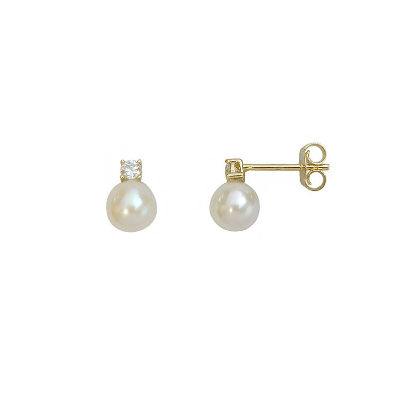Gold Pearl Earrings with Single Stone, 14K Gold