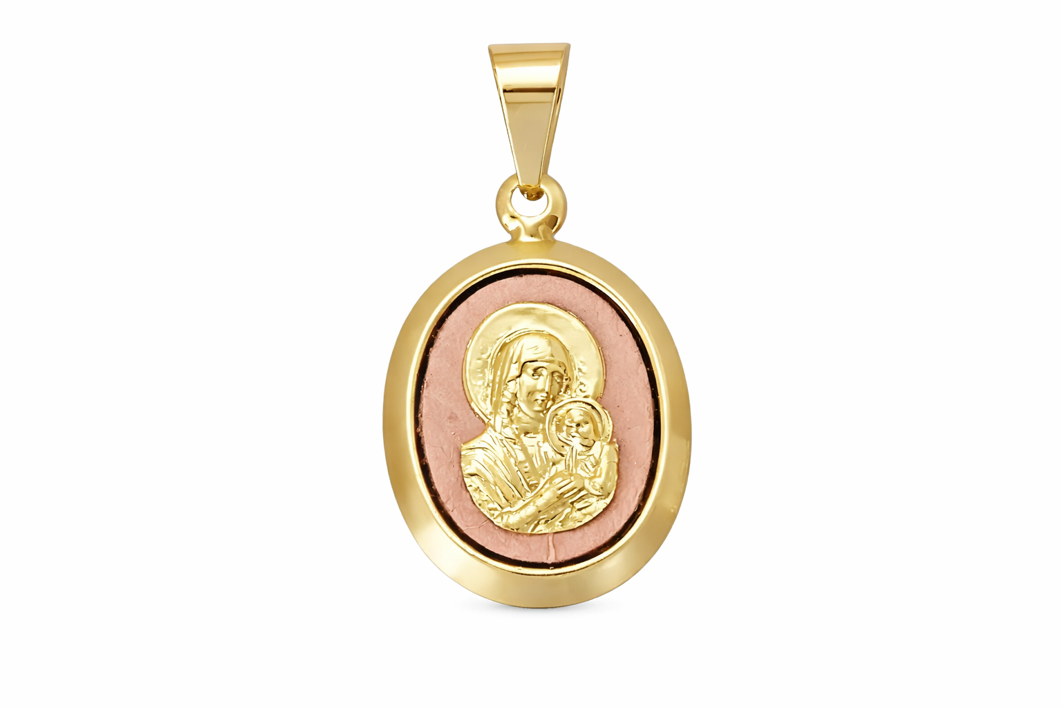 Gold Oval Virgin Mary Pendant for Girl, 14K Gold