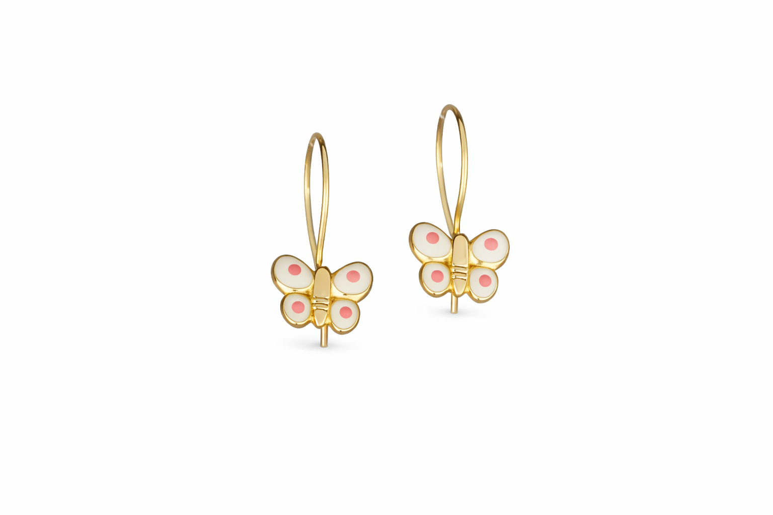 Drop Butterfly Earrings with Pink Enamel, 14K Gold