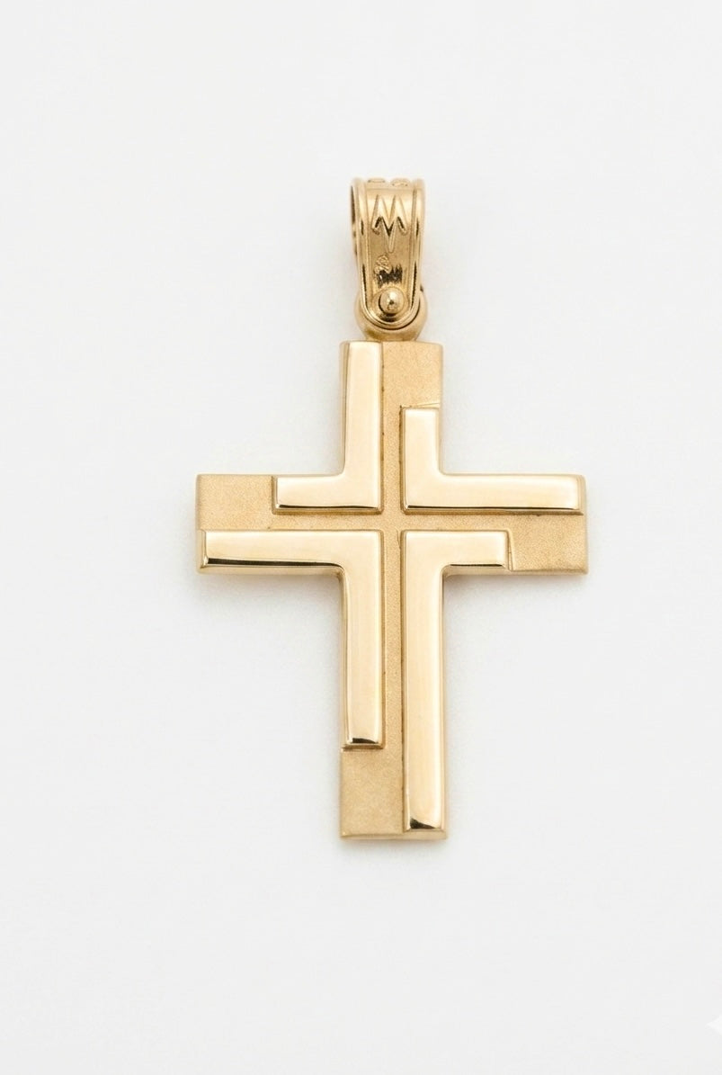 14K Yellow Gold Men’s Baptismal Cross with Modern Geometric Design