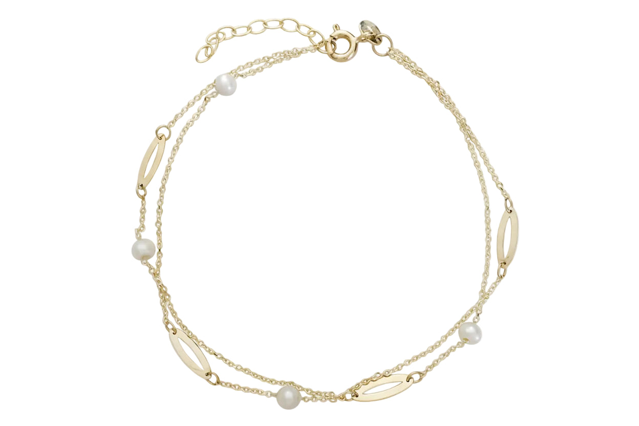 14K Polished Gold Bracelet with Open Oval Links and Pearls
