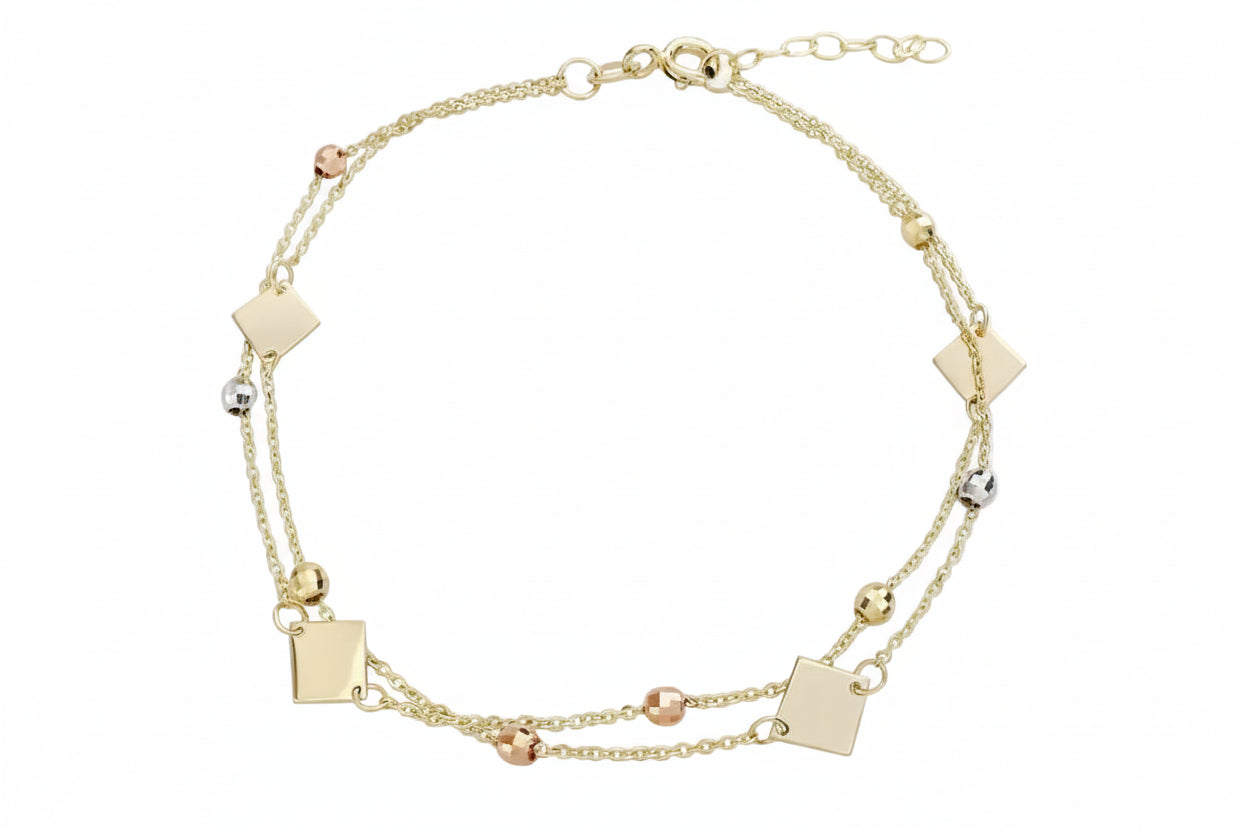 14K Polished Gold Bracelet with Diamond-Shaped Links and Diamond-Cut Beads