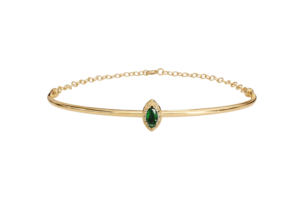 14K Gold Bracelet with Green Rosette and Chain