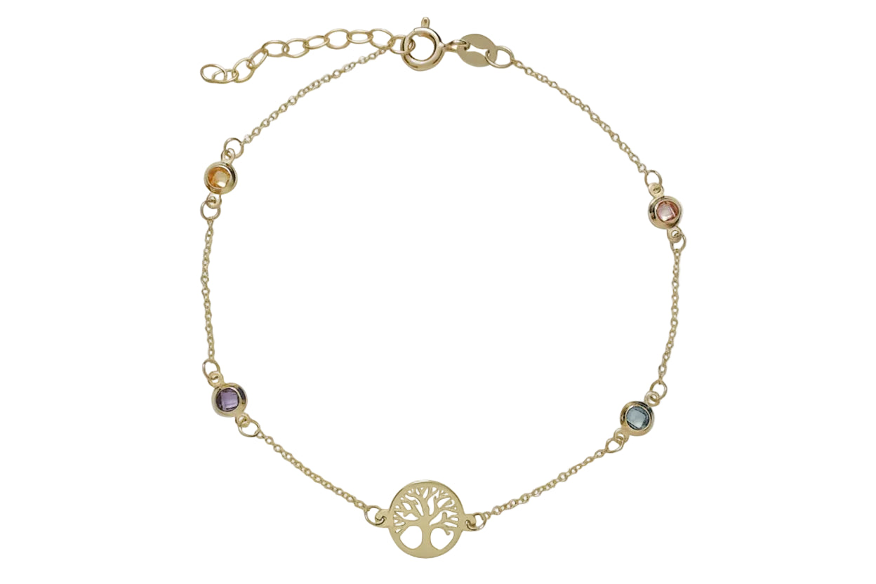 14K Gold Bracelet with Tree of Life Motif and Multicolored Solitaire Stones