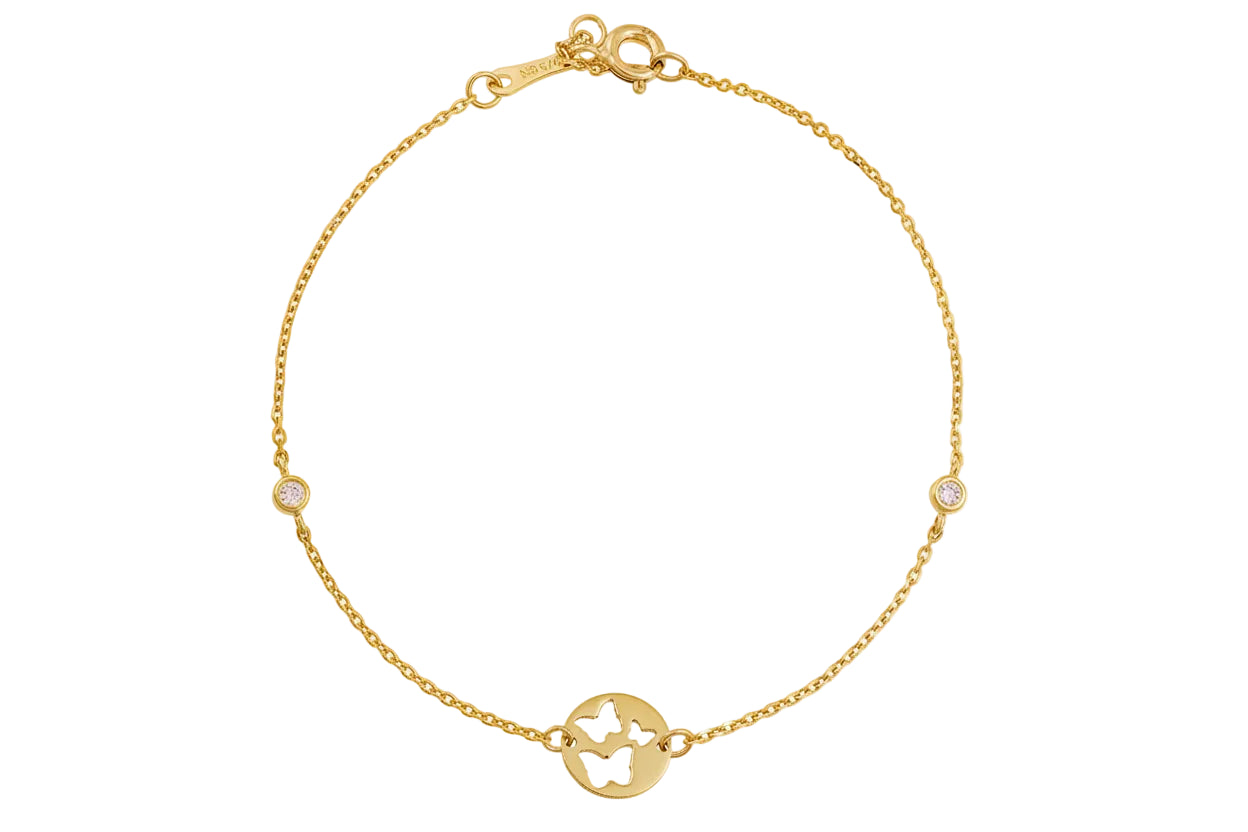 14K Gold Bracelet with Zircon Stones and Butterfly Motifs