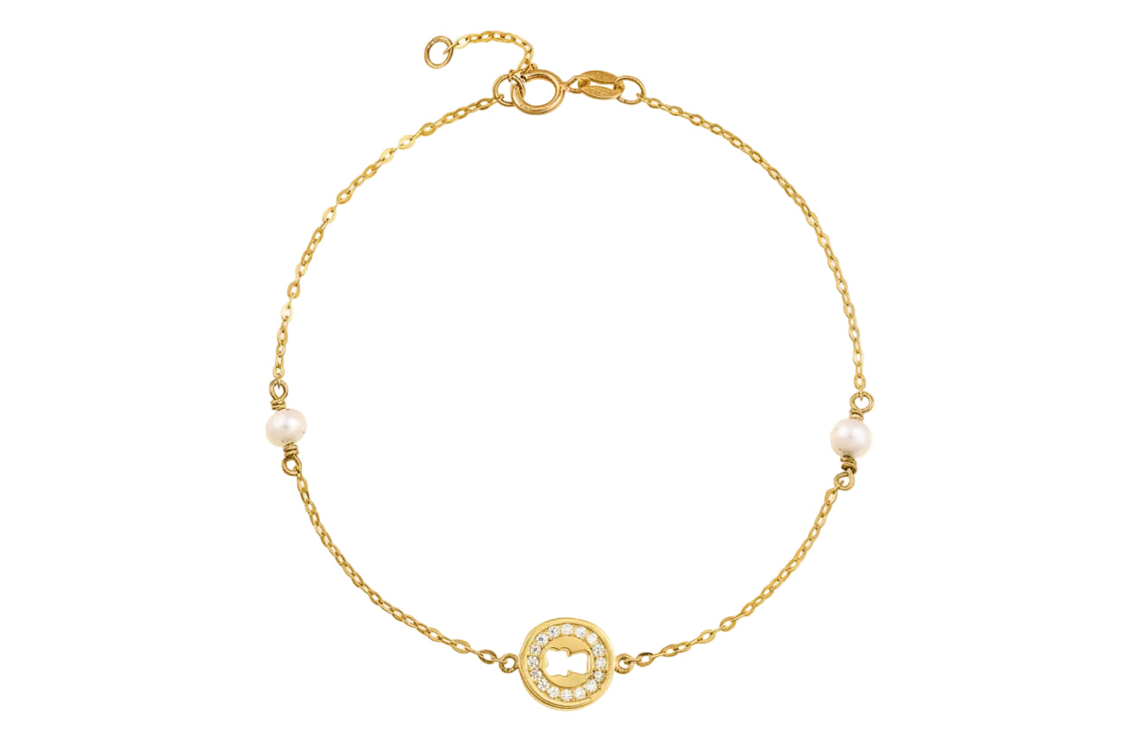 14K Gold Bracelet with Zircon Stones and Pearls