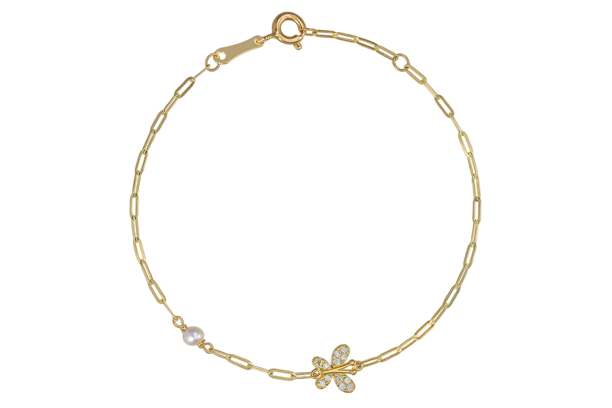 14K Gold Bracelet with Butterfly Motif and Pearl