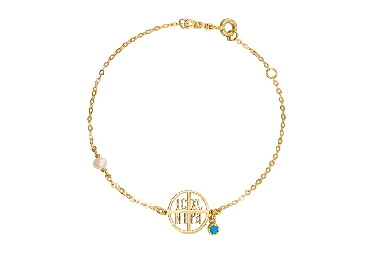 14K Gold Bracelet with Constantinato Coin, Pearl, and Turquoise Stone