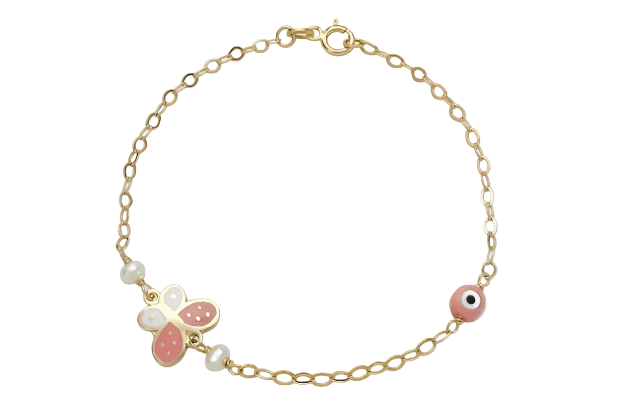 Butterfly Bracelet with Pink Enamel and Pearls, 14K Gold
