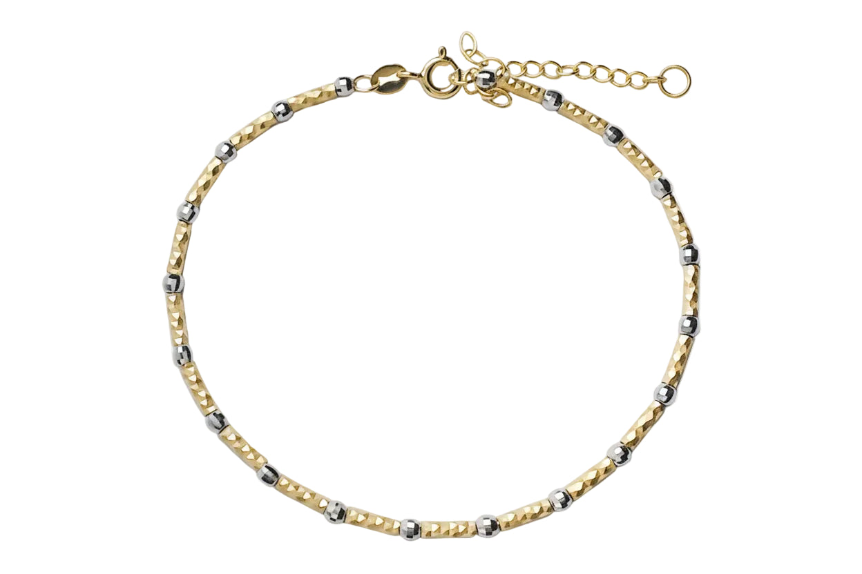 Gold Bracelet with Diamond-Cut Beads and Bar Accents