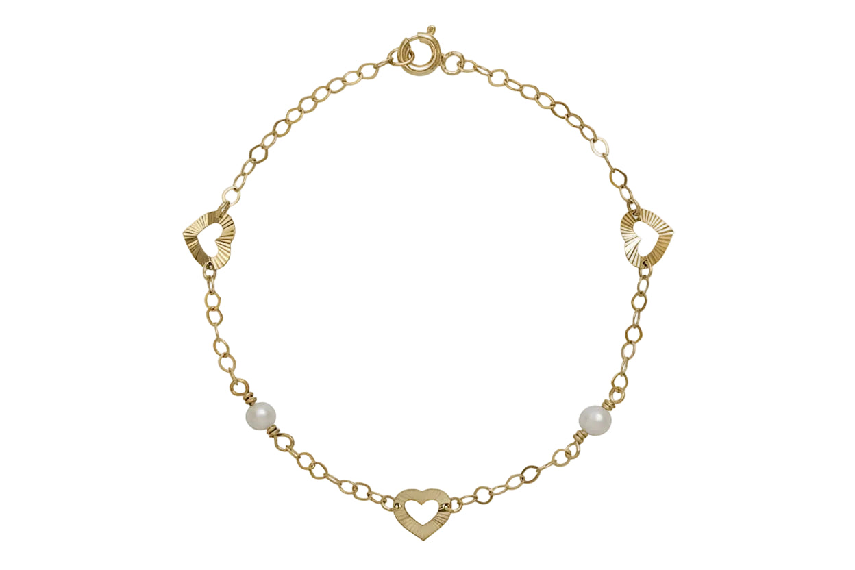 Βραχιόλι από χρυσό 14 καρατίων με ανάγλυφα μοτίβα καρδιάς και μαργαριτάρια
