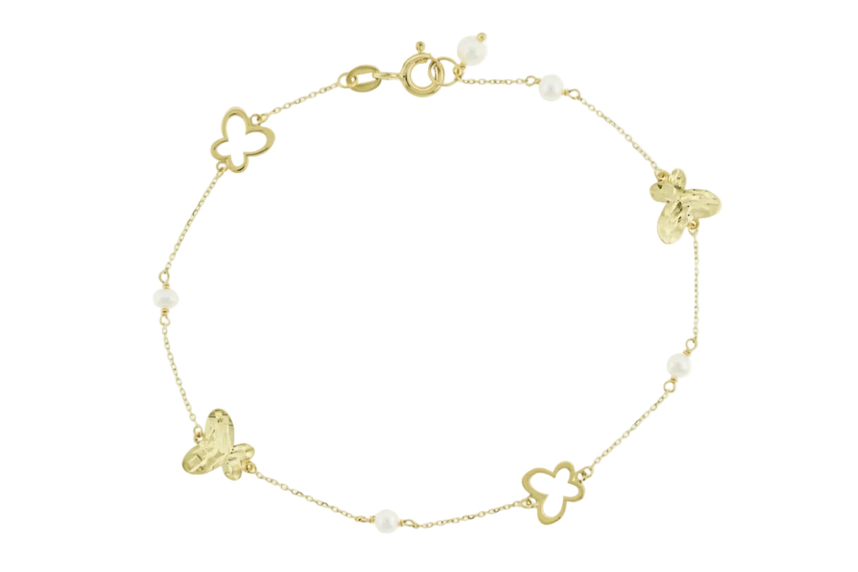 14K Gold Chain Bracelet with Pearls and Butterfly Motifs