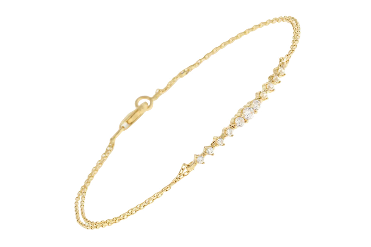 Gold Bracelet with Double Chain and White Zircon, 14K Gold