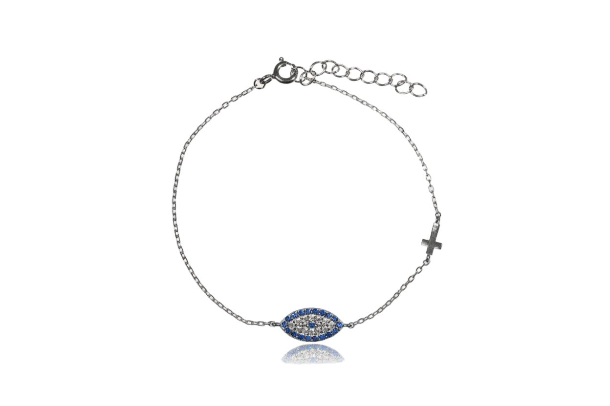 Bracelet with Evil Eye and Cross, 925 Sterling Silver