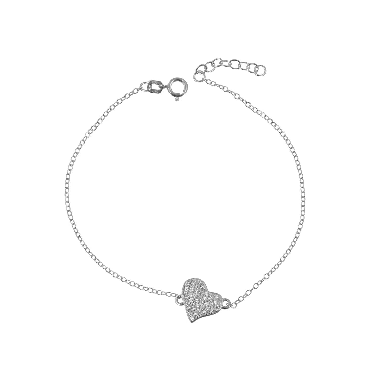 Silver Bracelet with Heart Motif and White Zircon Stones, 925 Sterling Silver