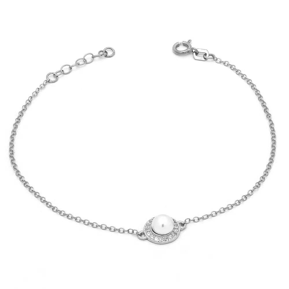 Silver Rosette Bracelet with Pearl, 925 Sterling Silver