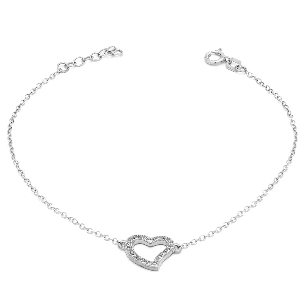 Silver Bracelet with Heart Motif and White Zircon Stones, 925 Sterling Silver
