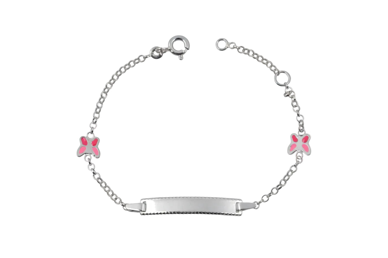 Children’s Silver Identity Bracelet with Butterflies and Pink Enamel, 925 Sterling Silver