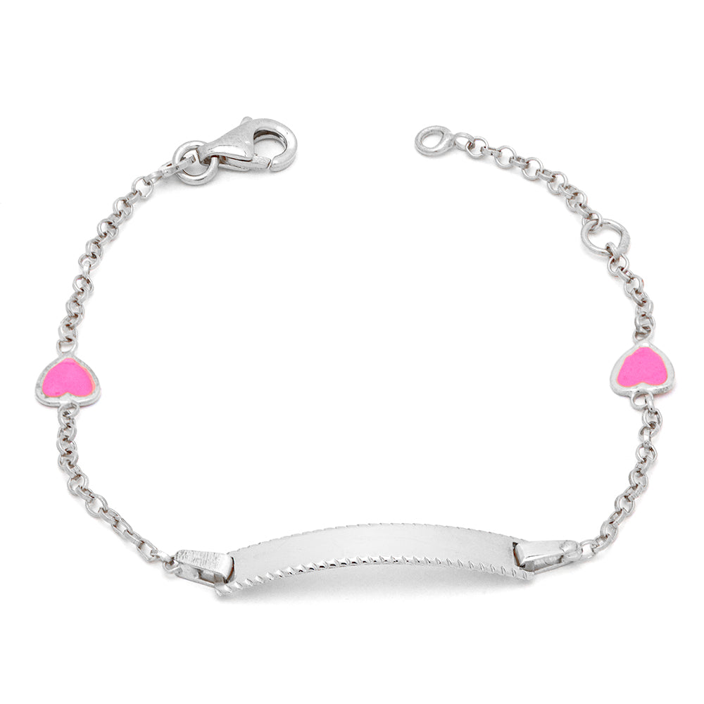 Children’s Silver Identity Bracelet with Hearts and Pink Enamel, 925 Sterling Silver