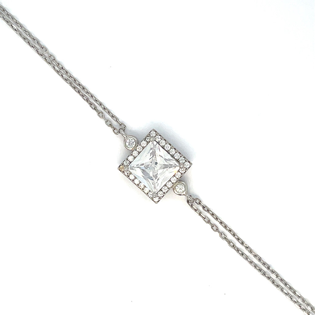 Women's 925 Sterling Silver Square Halo Zirconia Double Chain Bracelet