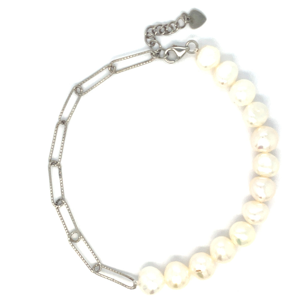 Women's 925 Sterling Silver Paperclip and Pearl Bracelet