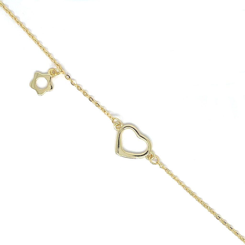 Women's Gold Plated 925 Sterling Silver Heart and Flower Charm Bracelet