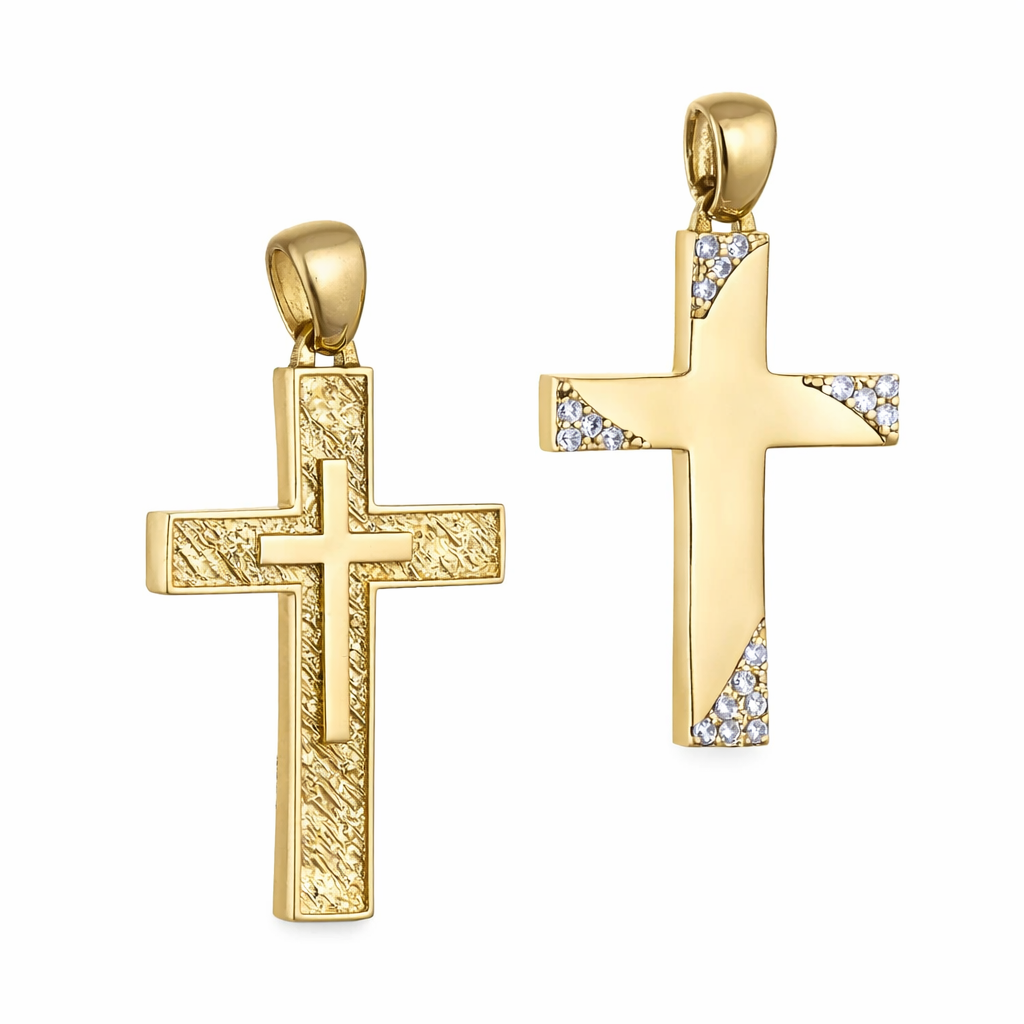 Double-Sided Women’s Gold Cross with Zirconia Stones, 14K Gold