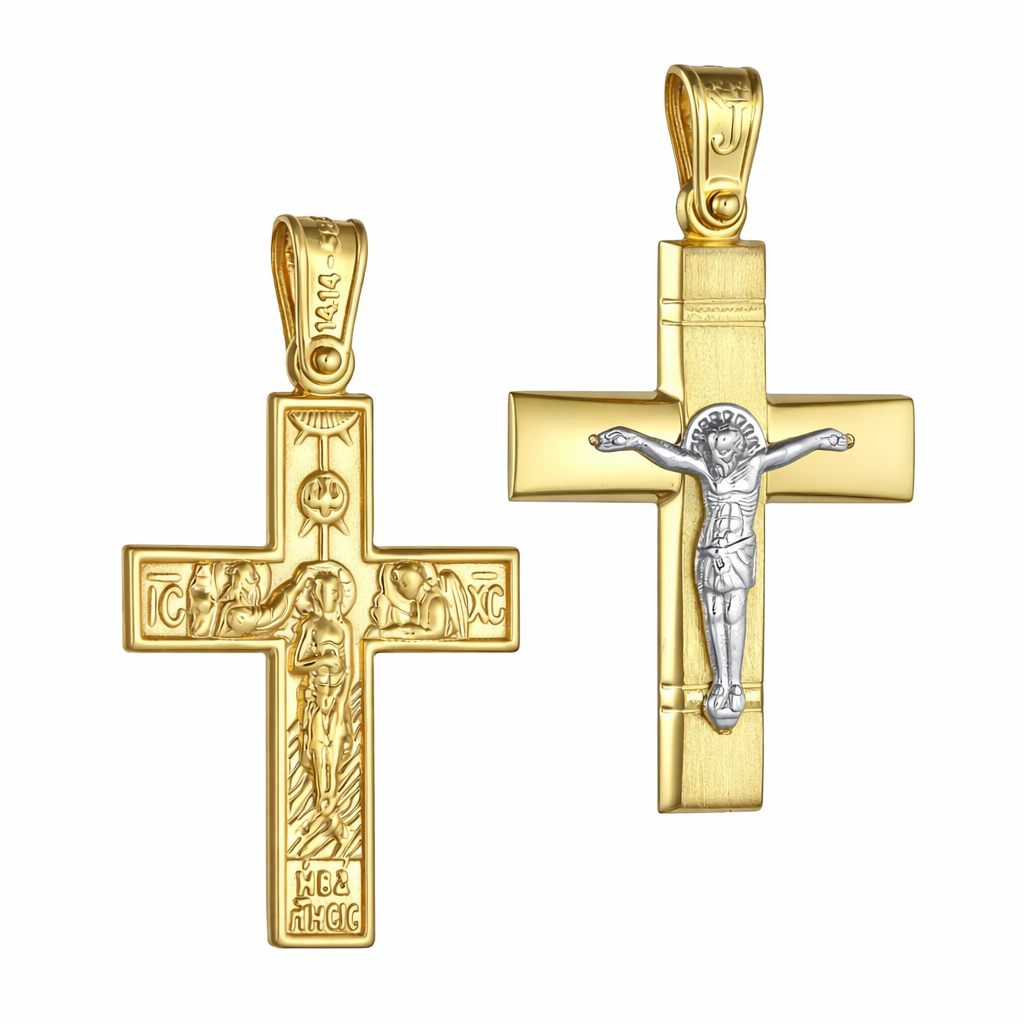 Double-Sided Men’s Two-Tone Gold Cross with Crucifix, 14K Gold