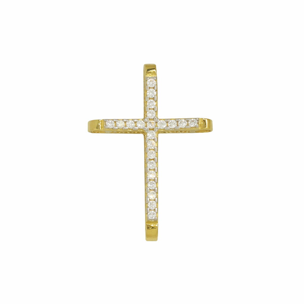 Women’s Double-Sided Gold Cross with White Zircon, 14K Gold