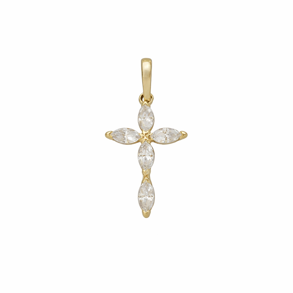 Women’s Small Gold Cross with Prong-Set White Zircon, 14K Gold