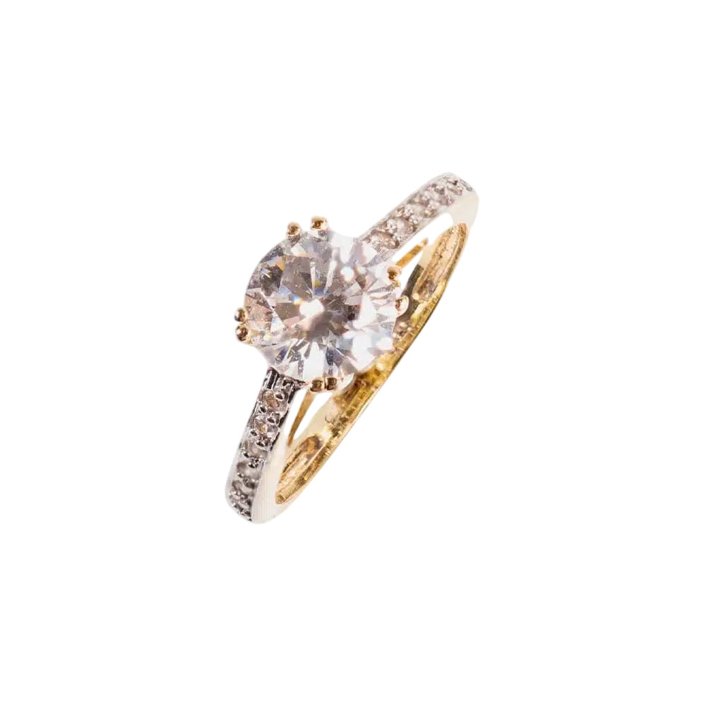 Handmade single stone ring with zircon small stones on the sides, center stone diameter 0.8mm,14 Carat Gold