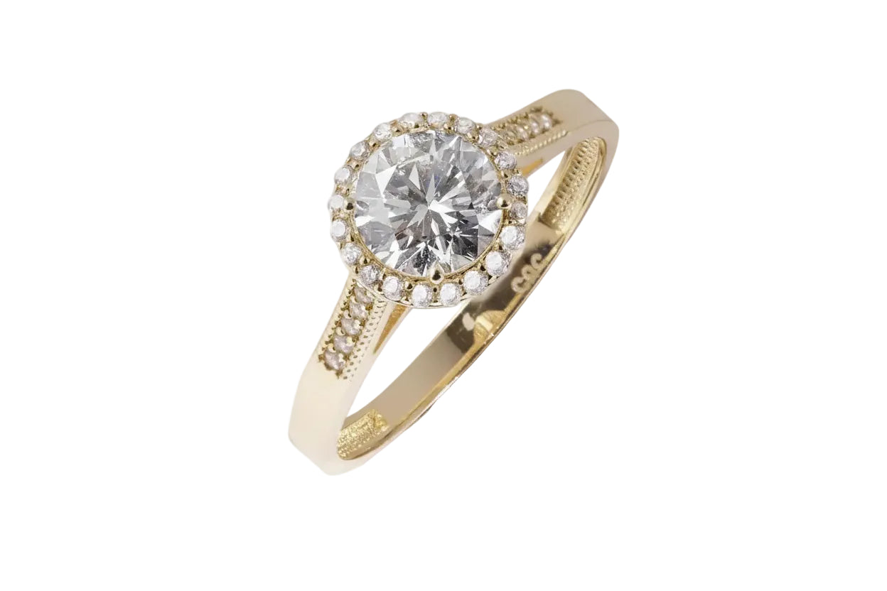 14K Gold Round Halo Ring with White Stone