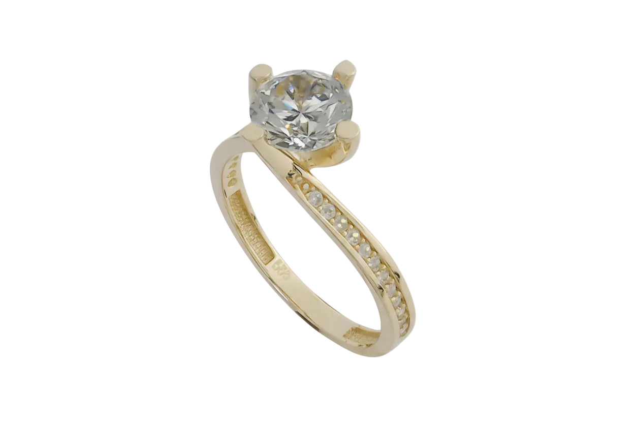 14K Gold Solitaire Ring with White Zircon and Side Zircon Accents