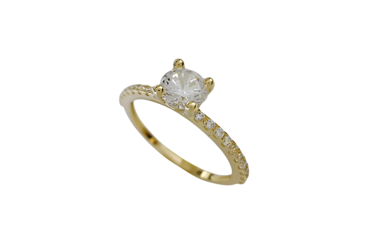 14K Gold Solitaire Ring with White Zircon Stones