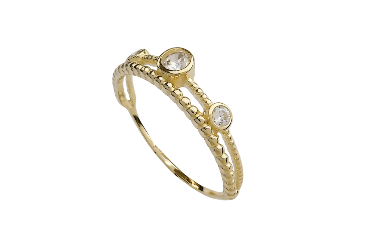 14K Gold Ring with Round Solitaire Stones, Bead Accents, and White Zircon Stones