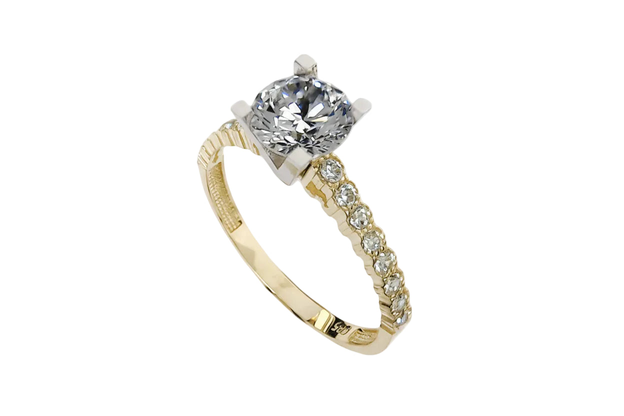 14K Gold Solitaire Ring with Side Circular Accents and White Zircon Stones
