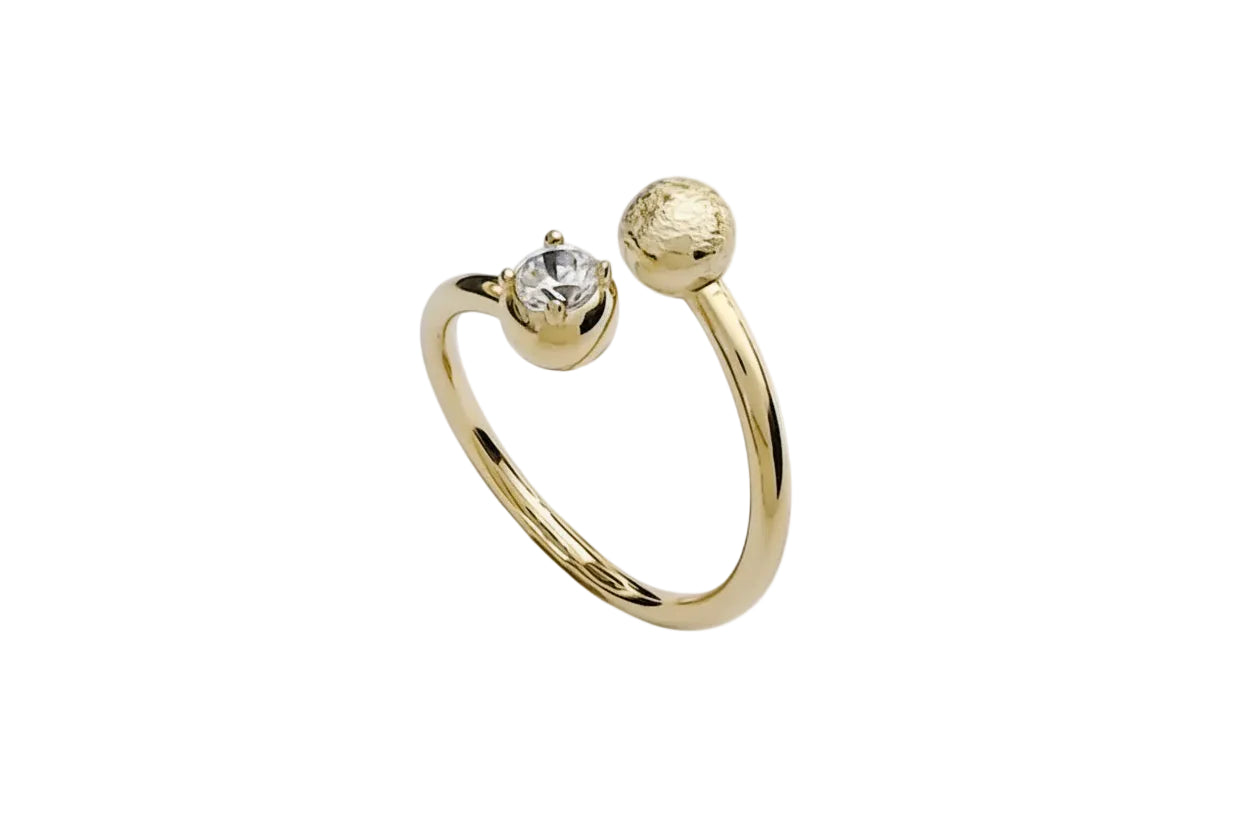 14K Open Gold Ring with Textured Bead and White Stone
