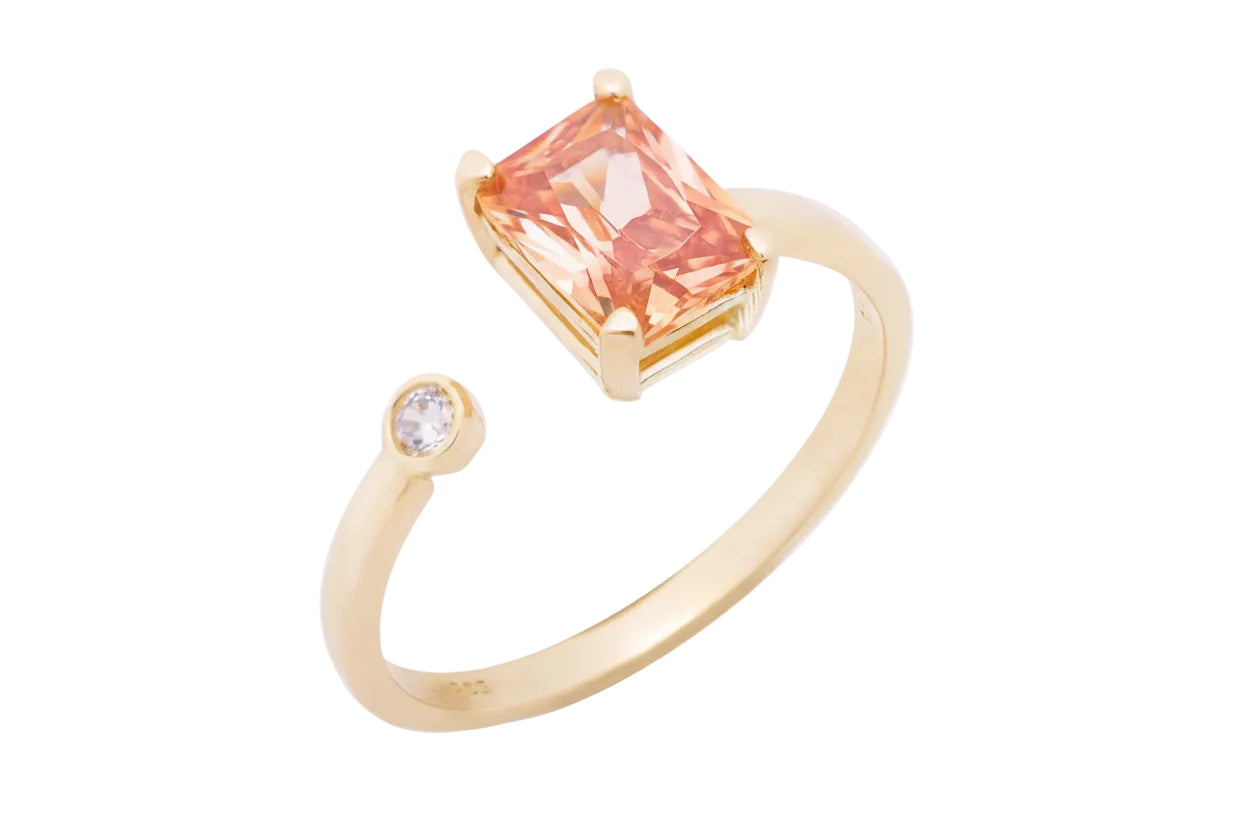 14K Open Gold Ring with Salmon-Colored Square Stone and White Zircon