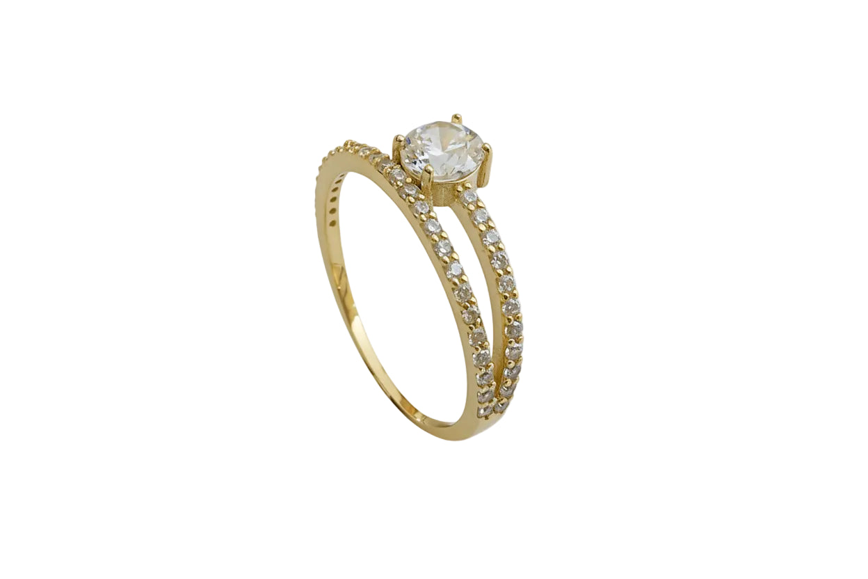 14K Gold Serti-Set Solitaire Ring with White Zircon Stones