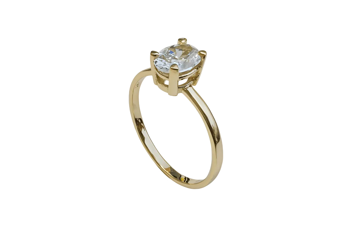 14K Gold Oval Solitaire Ring with White Zircon Stone