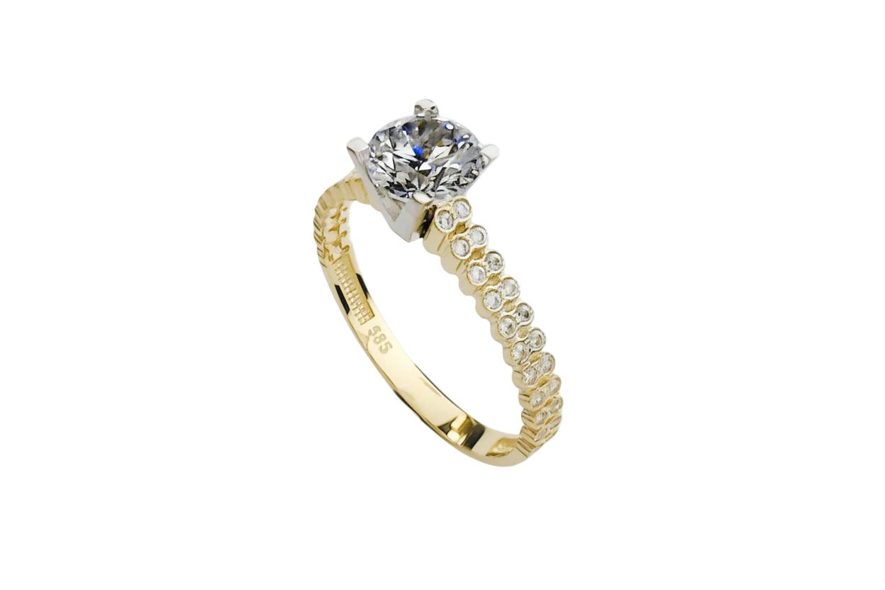14K Gold Solitaire Ring with Double Row of Stones
