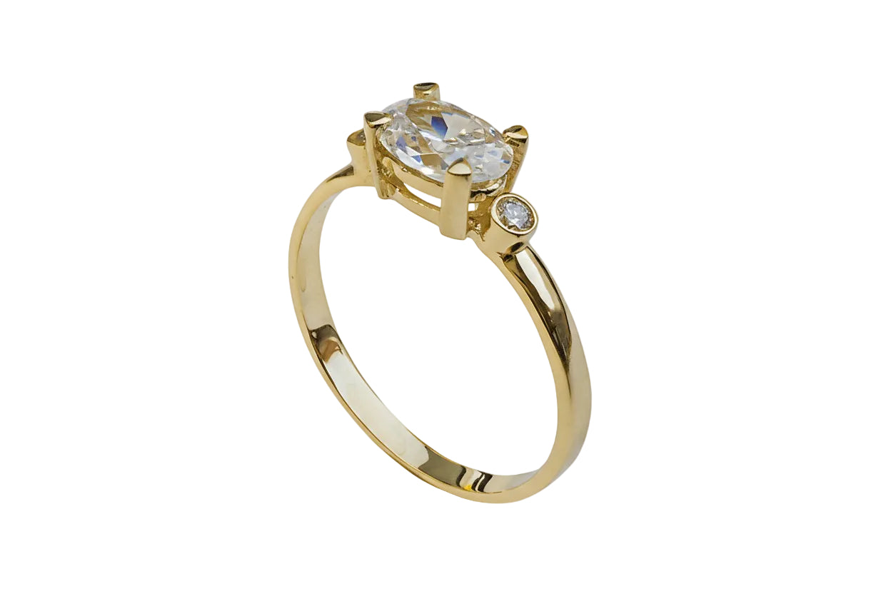 14K Gold Oval Solitaire Ring with White Stones