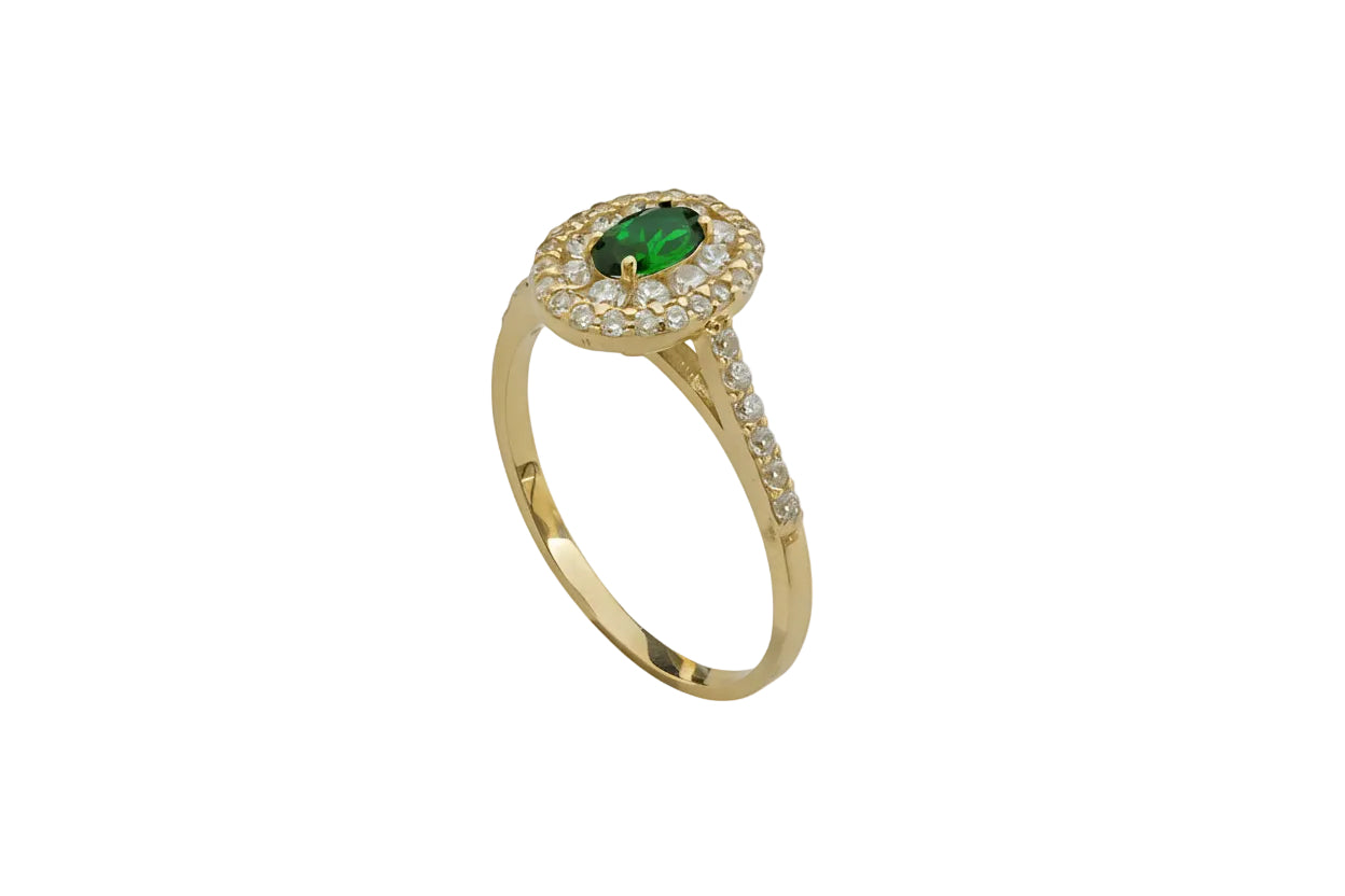 14K Gold Ring with Oval Green Rosette and Double Row of Stones