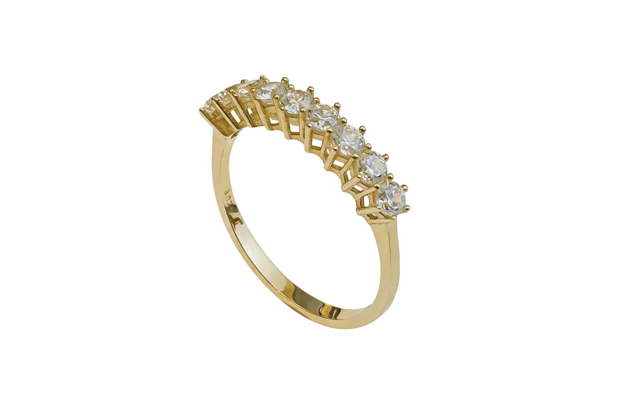 14K Gold Serti-Set Ring with 9 White Zircon Stones