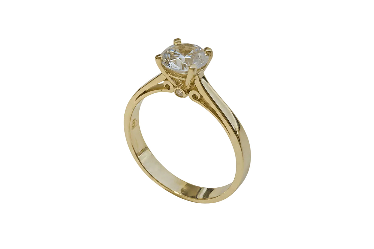 14K Gold Solitaire Ring (6 mm) with White Side Zircon Stones