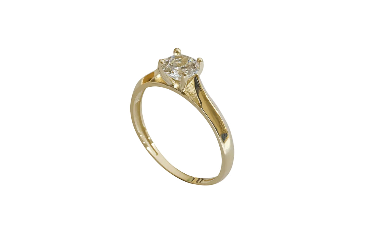 14K Gold Solitaire Ring with White Zircon Stone